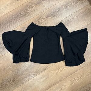 Dramatic Black Off-Shoulder Bell Sleeve Blouse